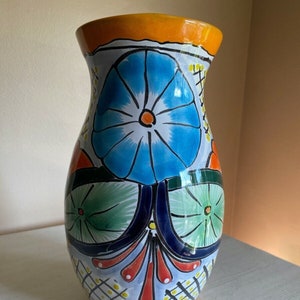 9&quot; Floral Vase Blue Yellow Green Orange Black Made in Mexico