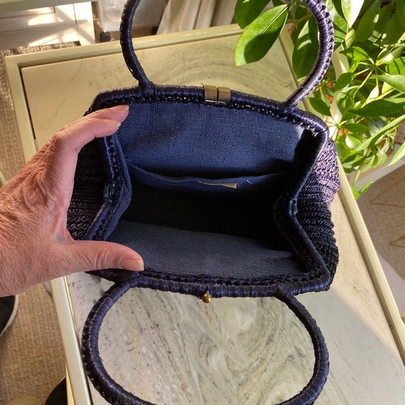 Vintage Raffia Navy Purse Handbag - image 5