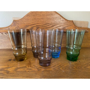 4 Tall Tumblers Glasses with 3 Concentric Rings at Heavy Base Yellow Green Purple Blue