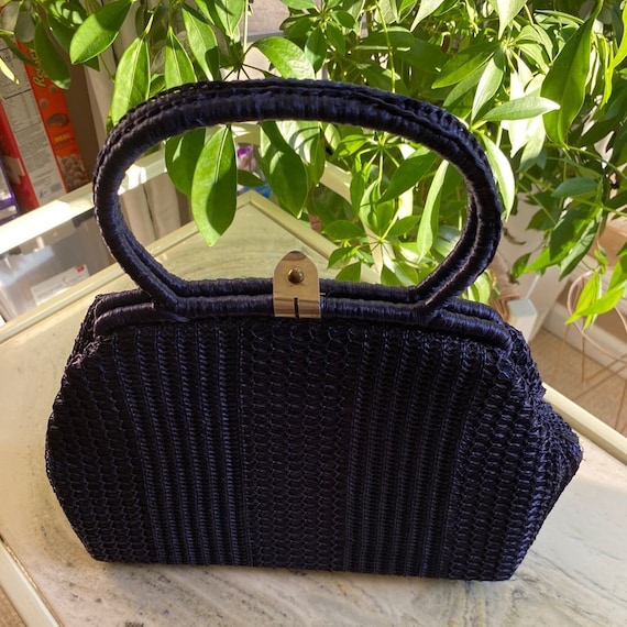 Vintage Raffia Navy Purse Handbag - image 1