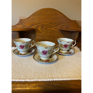 3 Vintage Manna Rose and Gold Lusterware Tea Coffee Pedestal Cups with Reticulated Saucers