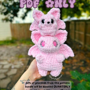 May include: A pink crocheted plush toy with large eyes and wings. The toy is being held by a person with a tattoo on their arm. The text on the image reads "50% of proceeds from this pattern bundle will be donated QUARTERLY to the National Alliance on Mental Illness (NAMI)"