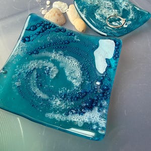 Fused Glass Trinket Dish: Bubble Ocean Wave Design, Jewelry Holder, Soap Dish, Tea Light Candle tray, 2 sizes
