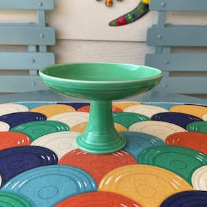 May include: A light green ceramic pedestal cake stand. The stand has a wide, shallow bowl and a fluted base. It is set on a colorful patterned tablecloth with large, overlapping circles in various colors. A decorative metal lizard is in the background.