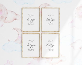 Nursery Frame Mockup, Four Portrait Frames, Modern Kid's Room (PSD, JPG, PNG)