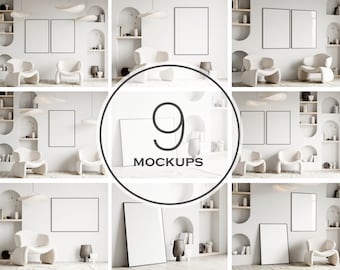 May include: Nine mockups of white frames in various sizes and configurations, displayed in a modern interior design setting. The frames are hung on white walls and are surrounded by white furniture and decor.