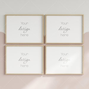 May include: Four square, wooden picture frames with a light brown finish, hanging on a light pink wall. The frames are arranged in a 2x2 grid. Each frame has a white mount and the text "Your design here" is printed in the centre of each mount.