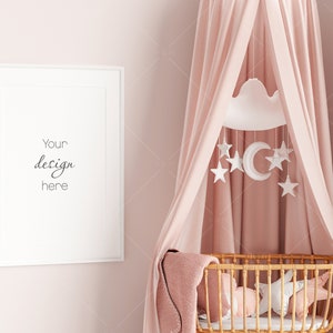 Nursery Frame Mockup, Modern Kid&#39;s Room Frame Mockup, Portrait Frame Nursery Interior Wall Mockup, Minimalist Nursery Frame Mockup