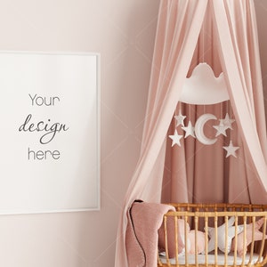 Nursery Frame Mockup, Modern Kid&#39;s Room Frame Mockup, Portrait Frame Nursery Interior Wall Mockup, Minimalist Nursery Frame Mockup