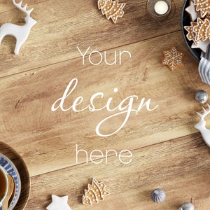 Styled Wooden Background With Christmas Decor, Christmas Flat Lay Mock Up JPG