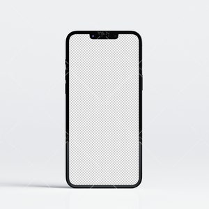 K&ouml;nnte beinhalten: Ein schwarzes Smartphone mit einem leeren Bildschirm. Das Telefon steht aufrecht auf einer wei&szlig;en Oberfl&auml;che.