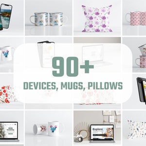 K&ouml;nnte beinhalten: Eine Sammlung von Ger&auml;ten, Tassen und Kissen. Das Bild zeigt Smartphones, Laptops und verschiedene Tassen mit Cartoon-Designs. Kissen mit floralen Mustern sind ebenfalls abgebildet. Der Text "90+ DEVICES, MUGS, PILLOWS" ist sichtbar.