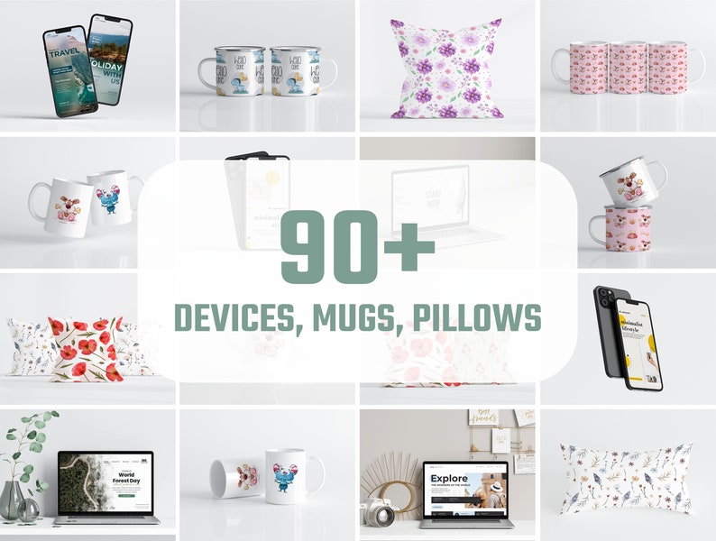 K&ouml;nnte beinhalten: Eine Sammlung von Ger&auml;ten, Tassen und Kissen. Das Bild zeigt Smartphones, Laptops und verschiedene Tassen mit Cartoon-Designs. Kissen mit floralen Mustern sind ebenfalls abgebildet. Der Text "90+ DEVICES, MUGS, PILLOWS" ist sichtbar.