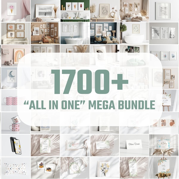 Mega Bundle Mockup Set - ganzer Shop in 1. Rahmen Mockup, Becher Mockup, Wand Mockup, Karte Mockup, Geräte Mockup, Kissen Mockup