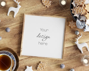 Christmas Frame Mockup 1:1 ratio, Minimalist Frame Mockup, Wooden Frame Mockup Christmas, PSD JPG PNG