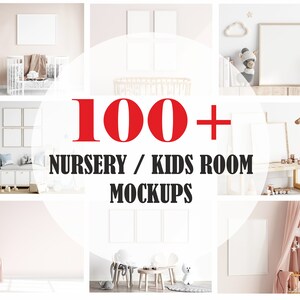 Op de afbeelding: Een verzameling van meer dan 100 kinderkamer- en babykamermockups met verschillende scènes met witte frames, ledikanten en knuffels. De mockups zijn perfect om kunstwerken, prints en andere decoraties te presenteren.