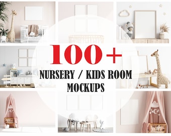 Può includere: Una collezione di oltre 100 mockup per camerette e nursery che presentano diverse scene con cornici bianche, lettini e animali di peluche. I mockup sono perfetti per mettere in mostra opere d'arte, stampe e altri elementi decorativi.