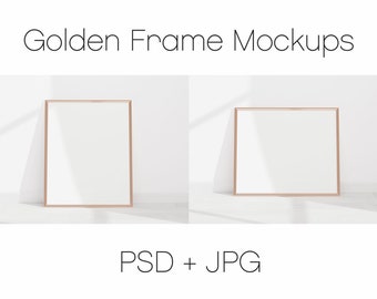 May include: Two golden picture frames with white mats on a white background. The frames are empty and ready for your artwork or photos.