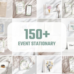 K&ouml;nnte beinhalten: Eine Sammlung von Event-Papeterie, darunter Einladungen, Tischkarten und Men&uuml;s. Das Bild zeigt verschiedene Designs, wie Blumenarrangements, Aquarellillustrationen und minimalistische Layouts. Der Text "150+ EVENT STATIONARY" ist prominent dargestellt.