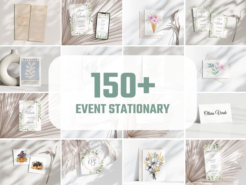 K&ouml;nnte beinhalten: Eine Sammlung von Event-Papeterie, darunter Einladungen, Tischkarten und Men&uuml;s. Das Bild zeigt verschiedene Designs, wie Blumenarrangements, Aquarellillustrationen und minimalistische Layouts. Der Text "150+ EVENT STATIONARY" ist prominent dargestellt.