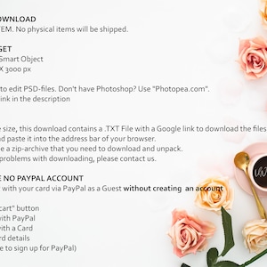 Puede incluir: Descarga instant&aacute;nea de un producto digital. El producto incluye un archivo PSD con un objeto inteligente y un archivo JPG. La imagen muestra una taza de caf&eacute; y rosas rosas sobre un fondo blanco. El texto "INSTANT DOWNLOAD" est&aacute; en la parte superior de la imagen. El texto "WHAT YOU GET" est&aacute; debajo de la primera l&iacute;nea de texto. El texto "NOTE:" est&aacute; debajo de la segunda l&iacute;nea de texto. El texto "IF YOU HAVE NO PAYPAL ACCOUNT" est&aacute; debajo de la tercera l&iacute;nea de texto. El texto "How it works?" est&aacute; debajo de la cuarta l&iacute;nea de texto.