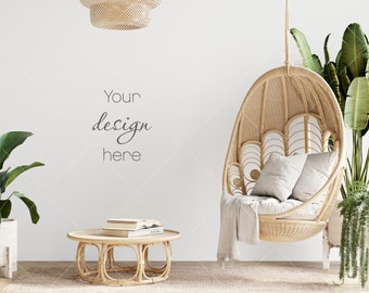 Boho Living Room Wall Mockup, Empty Wall, Cozy Interior (JPG File)