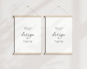 Two Poster Hanger Mockup, Wooden Magnetic Frame (PSD JPG PNG)