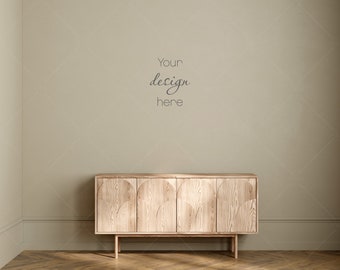 May include: A light wood cabinet with four doors and a curved design on each door. The cabinet is sitting on a light wood floor in front of a beige wall. The text "Your design here" is written on the wall.