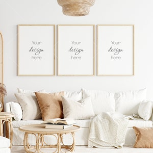 Boho Living Room Frame Mockup, Interior Mockup, Poster Mockup, 3 Vertical Wooden Frames Mockup A1