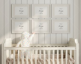 Nursery Frame Mockup, Six Landscape Frames, Gallery Wall Mockup (PSD, JPG)