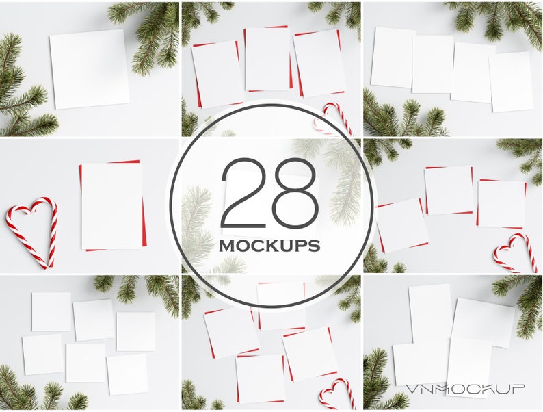 Pode incluir: Uma cole&ccedil;&atilde;o de 28 mockups com cart&otilde;es brancos em branco com bordas vermelhas, dispostos com galhos de &aacute;rvores de Natal e bengalas doces. A imagem inclui um gr&aacute;fico circular central com o n&uacute;mero "28" e a palavra "MOCKUPS".