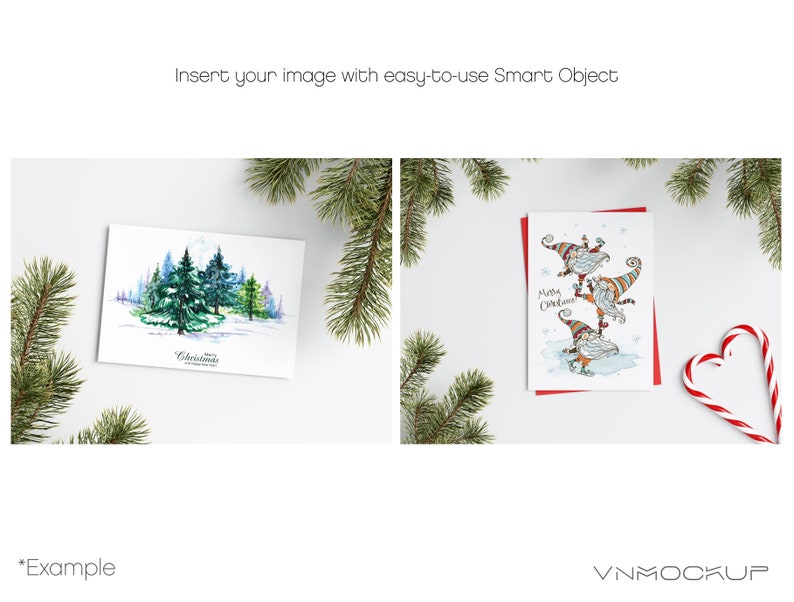 Pode incluir: Dois cart&otilde;es de Natal e um cora&ccedil;&atilde;o de bengala doce em uma superf&iacute;cie branca, emoldurados por galhos de pinheiro. Um cart&atilde;o apresenta uma cena de floresta em aquarela, o outro tem gnomos de desenho animado com o texto "Merry Christmas".