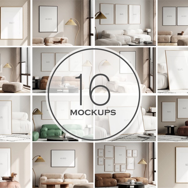 Frame Mockup-bundel in modern interieur, PSD JPG, Gallery Wall Mockup-bundel