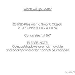 Pode incluir: Fundo branco com texto: "What will you get?" seguido de detalhes sobre arquivos PSD e JPG e tamanhos de cart&otilde;es. O texto tamb&eacute;m inclui uma nota sobre os objetos e o fundo.