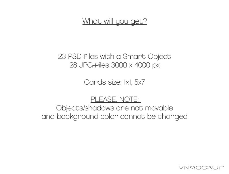 Pode incluir: Fundo branco com texto: "What will you get?" seguido de detalhes sobre arquivos PSD e JPG e tamanhos de cart&otilde;es. O texto tamb&eacute;m inclui uma nota sobre os objetos e o fundo.