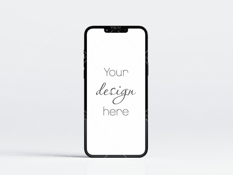 K&ouml;nnte beinhalten: Ein schwarzes Smartphone mit einem wei&szlig;en Bildschirm, auf dem der Text "Your design here" angezeigt wird.