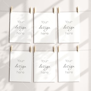 Six Papers Mockup, Poster Mockup, Mockup Print, Pegs and Paper, Art Print Mockup, Minimalist Mockup, Boho Mockup, PSD JPG PNG