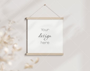 Square Poster Mockup, Wooden Magnetic Hanging Frame (PSD JPG PNG)