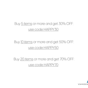 Puede incluir: Gr&aacute;fico de texto con fondo blanco y texto negro. El texto dice: "Compra 5 art&iacute;culos o m&aacute;s y obt&eacute;n un 30% de DESCUENTO: usa el c&oacute;digo HAPPY30". El texto contin&uacute;a: "Compra 10 art&iacute;culos o m&aacute;s y obt&eacute;n un 50% de DESCUENTO: usa el c&oacute;digo HAPPY50". El texto contin&uacute;a: "Compra 20 art&iacute;culos o m&aacute;s y obt&eacute;n un 70% de DESCUENTO: usa el c&oacute;digo HAPPY70".