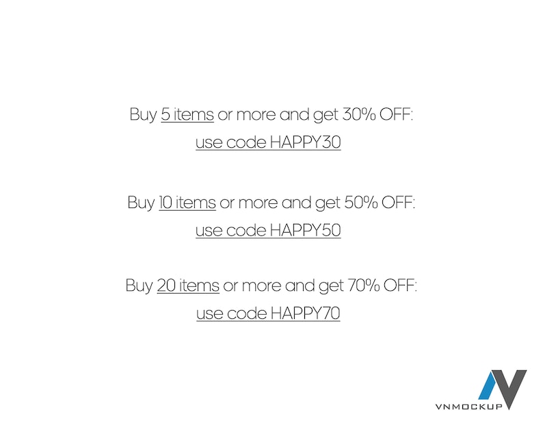 Puede incluir: Gr&aacute;fico de texto con fondo blanco y texto negro. El texto dice: "Compra 5 art&iacute;culos o m&aacute;s y obt&eacute;n un 30% de DESCUENTO: usa el c&oacute;digo HAPPY30". El texto contin&uacute;a: "Compra 10 art&iacute;culos o m&aacute;s y obt&eacute;n un 50% de DESCUENTO: usa el c&oacute;digo HAPPY50". El texto contin&uacute;a: "Compra 20 art&iacute;culos o m&aacute;s y obt&eacute;n un 70% de DESCUENTO: usa el c&oacute;digo HAPPY70".