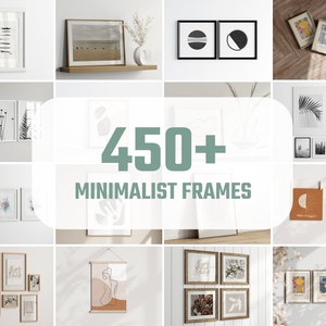 K&ouml;nnte beinhalten: Eine Sammlung gerahmter Kunstdrucke in verschiedenen Gr&ouml;&szlig;en und Stilen, darunter abstrakte Designs, botanische Illustrationen und Landschaftsfotografien. Das Bild zeigt den Text "450+ MINIMALIST FRAMES". Die Rahmen werden an einer wei&szlig;en Wand pr&auml;sentiert.