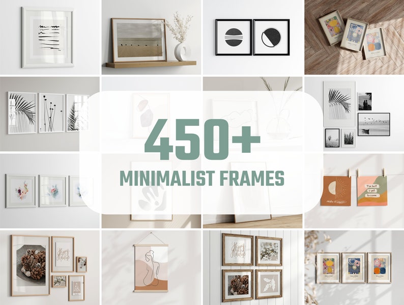 K&ouml;nnte beinhalten: Eine Sammlung gerahmter Kunstdrucke in verschiedenen Gr&ouml;&szlig;en und Stilen, darunter abstrakte Designs, botanische Illustrationen und Landschaftsfotografien. Das Bild zeigt den Text "450+ MINIMALIST FRAMES". Die Rahmen werden an einer wei&szlig;en Wand pr&auml;sentiert.