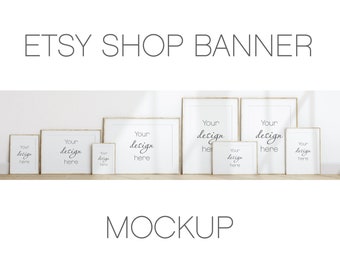 Wooden Frame Mockup Bundle, Etsy Shop Banner, Vertical Poster Mockup (PSD)