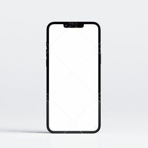 K&ouml;nnte beinhalten: Ein schwarzes Smartphone mit einem leeren wei&szlig;en Bildschirm. Das Telefon befindet sich auf einem wei&szlig;en Hintergrund.