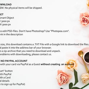Puede incluir: Un fondo blanco con rosas rosadas y una taza de caf&eacute;. El texto "INSTANT DOWNLOAD" est&aacute; en la parte superior de la imagen. El texto "WHAT YOU GET" est&aacute; debajo de la primera l&iacute;nea de texto. El texto "NOTE:" est&aacute; debajo de la segunda l&iacute;nea de texto. El texto "IF YOU HAVE NO PAYPAL ACCOUNT" est&aacute; debajo de la tercera l&iacute;nea de texto. El texto "How it works?" est&aacute; debajo de la cuarta l&iacute;nea de texto. El texto "Click "Add to cart" button" est&aacute; debajo de la quinta l&iacute;nea de texto. El texto "Choose Pay with PayPal" est&aacute; debajo de la sexta l&iacute;nea de texto. El texto "Choose Pay with a Card" est&aacute; debajo de la s&eacute;ptima l&iacute;nea de texto. El texto "Fill in your card details" est&aacute; debajo de la octava l&iacute;nea de texto. El texto "(You do not have to sign up for PayPal)" est&aacute; debajo de la novena l&iacute;nea de texto.
