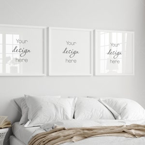 Boho Bedroom Frame Mockup, Gallery Frame Mockup in Bedroom Interior, Poster Mockup, PSD JPG
