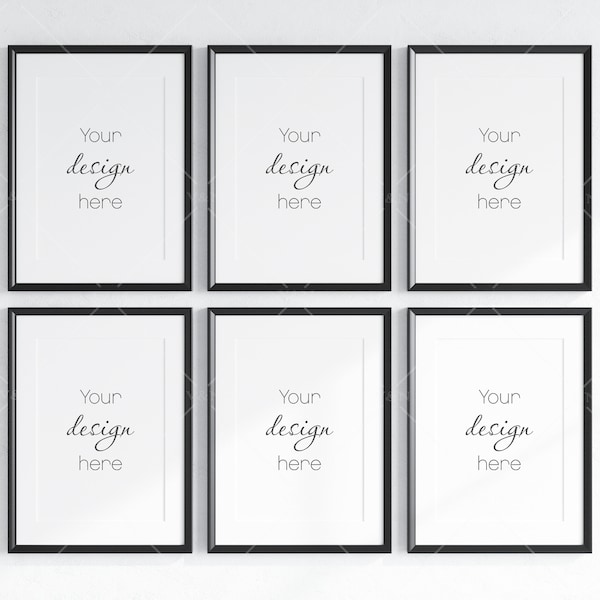 6 Minimalist Frame Mockup, Six Vertical Black Frame Mockup, Poster Mockup, Portrait Frame Mockup, Frame Mockup for Print, JPG PNG PSD