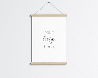 Wooden Hanging Poster Frame Mockup, Magnetic Bar (PSD JPG PNG)