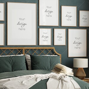 Frame Mockup Schlafzimmer, Galerie Wand Mockup im Schlafzimmer Interieur, Poster Mockup, PSD JPG