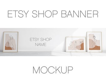 Etsy Shop Banner Mockup, Minimalist Wooden Frame, A1 Poster Mockup (PSD)